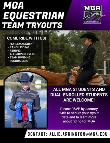 MGA equestrian tryouts flyer.